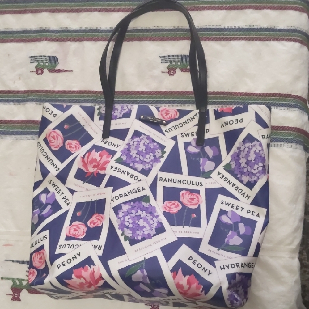 Kate Spade Black and Purple Tote Bag with Postal Stamp Design